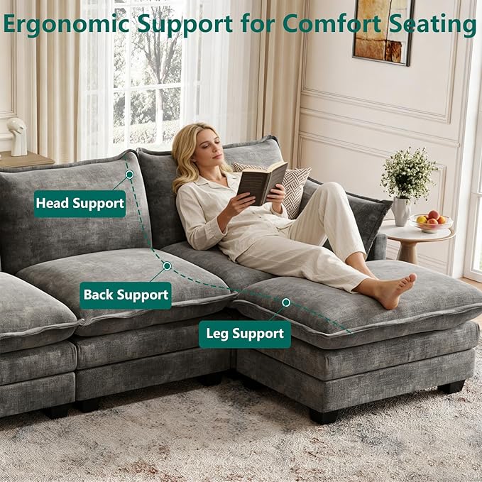Modular Sectional U Shaped Sofa Couches for Living Room, Cloud Couch with Movable Ottoman, Comfy Chenille Sofa with Pillow for Bedroom and Apartment,Dark Gray