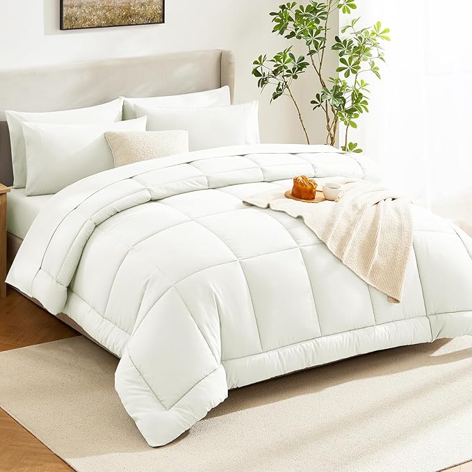 CozyLux Full Size Comforter Set Ivory, 7 Pieces Bed in a Bag, Ivory Comforter Full Size, Bedding Sets with All Season Quilted Comforter, Flat Sheet, Fitted Sheet, Pillowcases