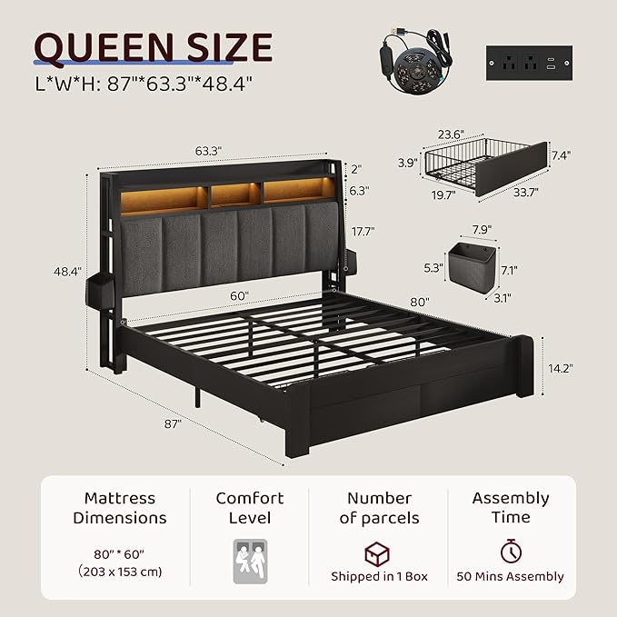 BRELTAM Bed Frame Queen Size with 2 Storage Drawers and 2-Tier Headboard,Upholstered Wood Platform Bed with Charging Station, LED Lights,Noise-Free/Metal Support/No Box Spring Needed,Black