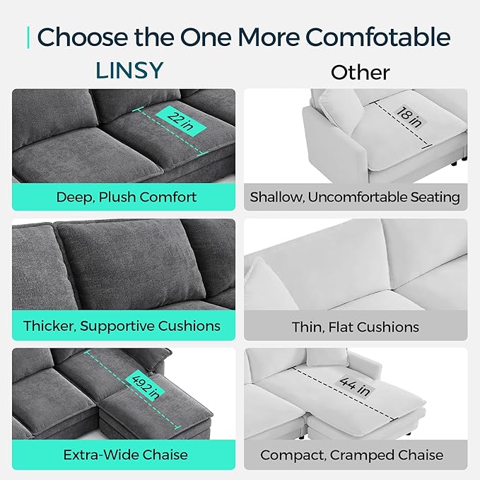 LINSY HOME Modular Sofa Chaise Lounge, 65" Cloud Sofa Bed Lounge with Armrests, Chenille Sleeper Sofa for Living Room, Apartment, Home Theater, Grey