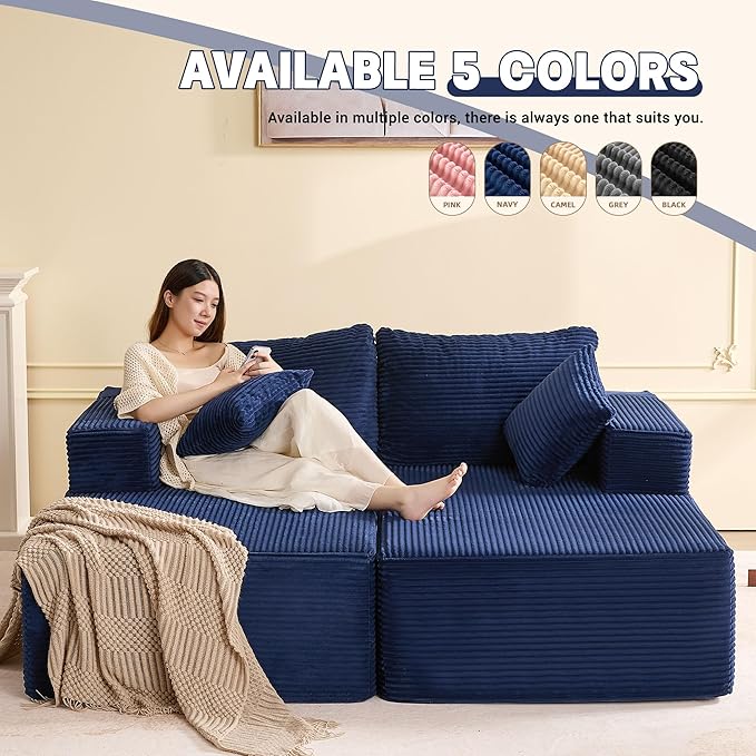 Chaise Lounge Chair, Boneless Couch for Living Room and Bedroom, Set of Sleeper Couches Reading Chairs, Corduroy, Blue