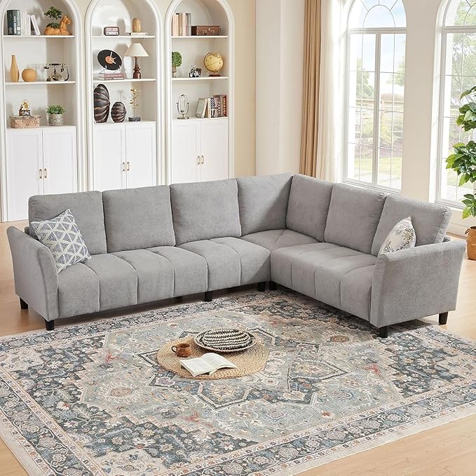 Convertible Sectional Sofa Couch, 102" L Shaped Couch with Back Cushions, Modern Upholstered Fabric 6-Seat Reversible Sofa Set for Living Room, Apartment, Office, Light Grey