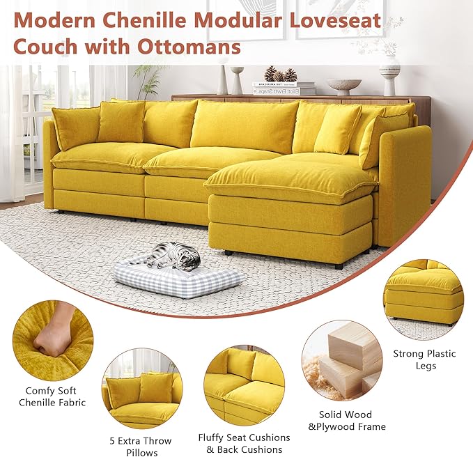 Setawix Deep 3 Seater Couch with Ottoman,112.2" L-Shaped Cloud Couches for Living Room,Chenille Cloud Sofa Couch with Deep Seat,Modular Sectional L Shape 3 Seat Sofa for Bedroom (Yellow, 3+1)