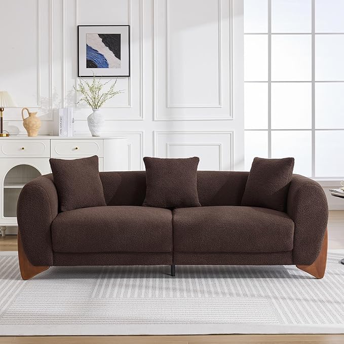 87" Sherpa Boucle Cloud Couch Modern 3 Seater Sofa with Solid Wood Legs, 25" Extra Deep Seat, Comfy Thick Cushion Upholstered Sofa Couches with 3 Pillows for Living Room, Brown