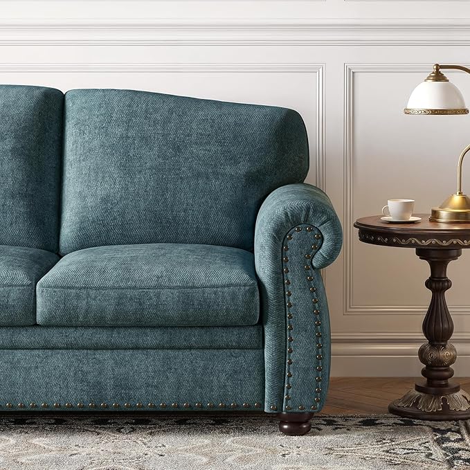 ONBRILL 90 Inch Rolled Arm Sofa for Living Room, Deep Seat Nailhead Trim Couch, Comfy 3 Seater Chenille Couch w/Wooden Leg, Springs Seat Cushion, Large Traditional Sofa for Farmhouse, Blue
