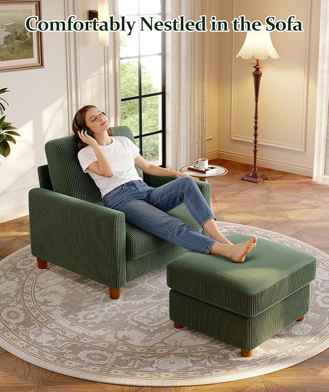 25.2" Couches for Living Room, Comfy Green Ottoman with Storage, Foot Rest Tool-Free Setup, Small Ottoman Foot Rest for Couch, Corduroy Couch for Bedroom, Apartment, Office