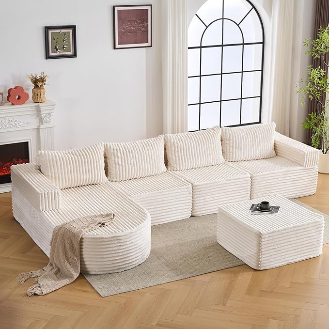 132” Boneless Couches for Living Room, L-Shaped Modular Sectional Sofa with Chaise & Ottoman, Modern Corduroy Cloud Couch with Deep Seat, Comfy Sponge Compression Convertible Sofas