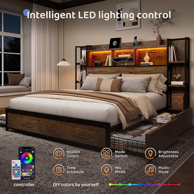 BRELTAM Queen Size Bed Frame with 4 Storage Drawers and Headboard Featuring Shelf Storage, Wooden Platform Bed Frame with LED Lights and Charging Station, Easy Assembly/No Box Spring Needed/Brown