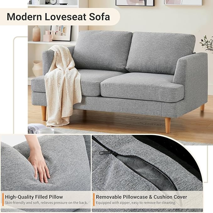 Loveseat Sofa 56" Mid Century Modern Small Couches for Small Spaces Love Seat with 2-Seat Upholstered Cushion Sofa Couches for Bedroom, Living Room, Apartment, Office (Grey)