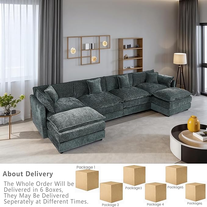 Setawix Deep 4 Seater Couch with Ottomans,147.22" U-Shaped Cloud Couches for Living Room,Chenille Cloud Sofa Couch with Foorest,Modular Sectional U Shape 4 Seat Sofa for Bedroom (Grey, 4+2)