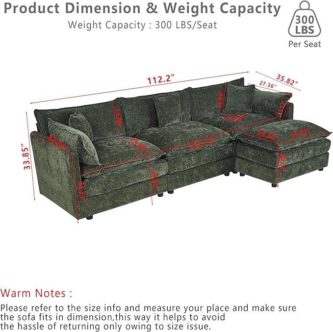 Setawix Deep 3 Seater Couch with Ottoman,112.2" L-Shaped Cloud Couches for Living Room,Chenille Cloud Sofa Couch with Deep Seat,Modular Sectional L Shape 3 Seat Sofa for Bedroom (Green, 3+1)