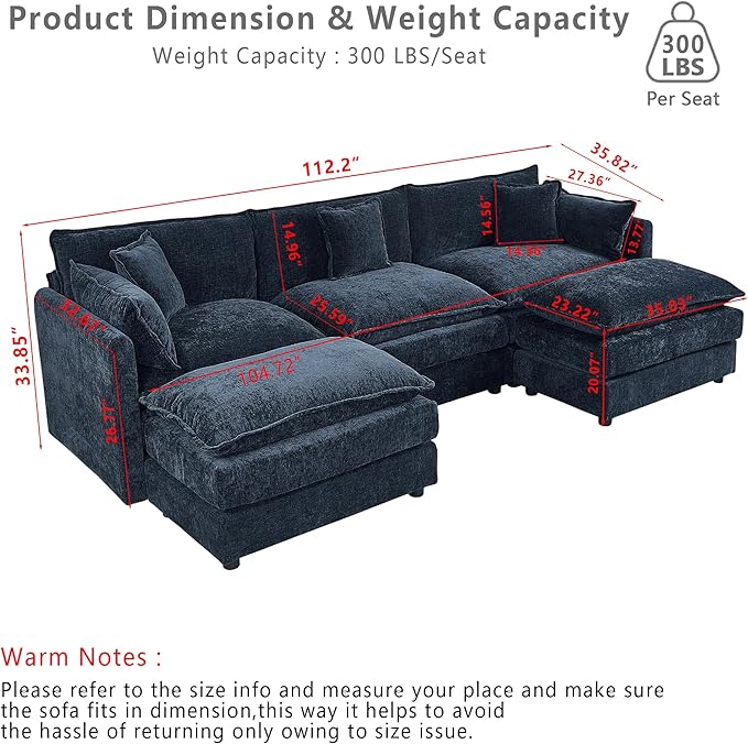Setawix Deep 3 Seater Couch with Ottomans,112.2" U-Shaped Cloud Couches for Living Room,Chenille Cloud Sofa Couch with Deep Seat,Modular Sectional U Shape 3 Seat Sofa for Bedroom (Blue, 3+2)