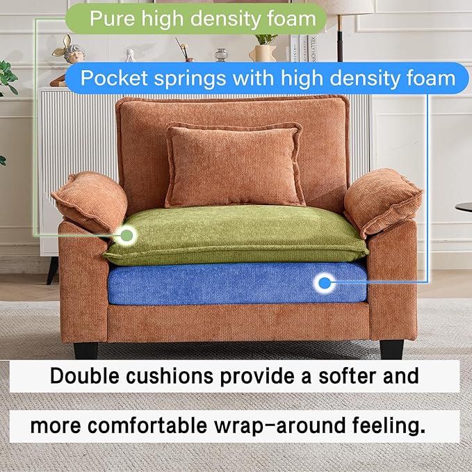 Modular Sectional Sofa, Comfy Cloud Couch Sectional Sofa, Chenille Sofa Sleeper Deep Seat Sofa with Throw Pillows for Living Room (Orange, 53"- Single Seat)