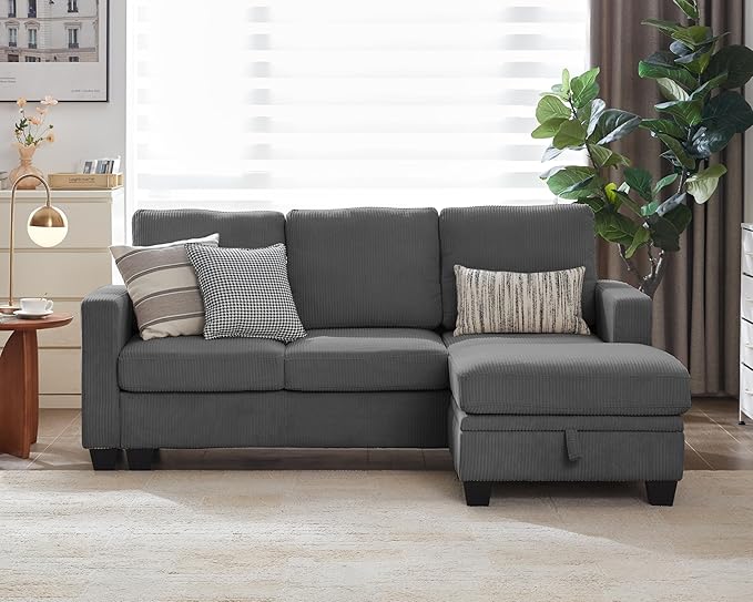 CHIC HOUSE Modular Sectional Sofa with Storage Ottomans, Corduroy Cloud Couch for Small Spaces & Apartments, Reconfigurable L/U Shaped Convertible Corner Sofa (4 Seater Sectional, Dark Grey)