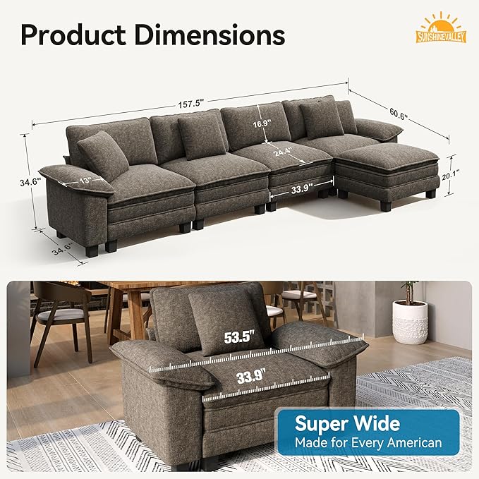 L Shaped Modular Cloud Couch, 157.5'' Oversized Chenille Sectional Sofa with Wider Armrest and Ottoman, Upholstered 5-Seat Modern Deep Seat for Bedroom Living Room, Smoky Grey