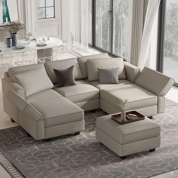 Belffin Modular Velvet Sectional Sofa with Chaise Lounge Sectional Sleeper Sofa with Storage Chaise Bed Couch for Living Room Grey