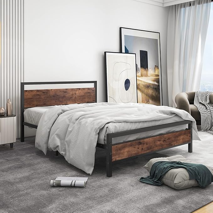 BOFENG Full Size Bed Frame with Wood Headboard,Heavy Duty Platform Bed Frame Full with Storage No Box Spring Needed,Reinforced Steel Slats Support,Mattress Foundation,Rustic Brown