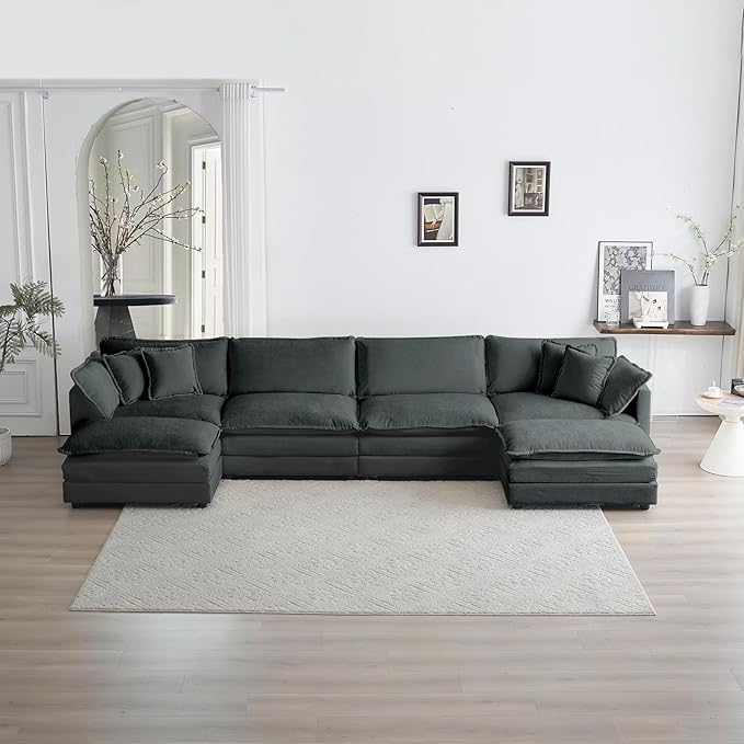 mikibama Modular Sectional Sofa, 146.5 Inch U Shaped Couch Set for Living Room, 4-Seater Comfy Cloud Couches with Two Movable Ottoman, DIY Combination, Chenille, Grey