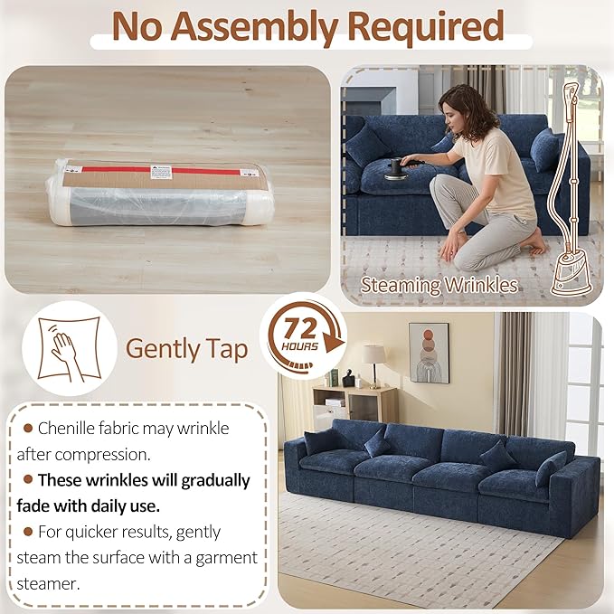 146''Cloud Boneless Sectional Couch, Modular Sectional Sofa Deep Seat, Oversized Upholstered Convertible Comfy 4 Seater Chenille Memory Foam Sofa Couches for Living Room, Navy