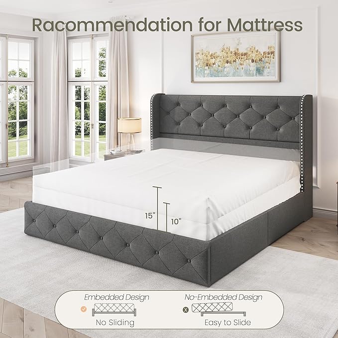LARMACE Full Size Bed Frame with 4 Storage Drawers and 47.2" Tall Wingback Headboard Linen Upholstered Platform Bed Frame Tufted Beds with Wooden Slats Support, Easy Assembly, Light Grey