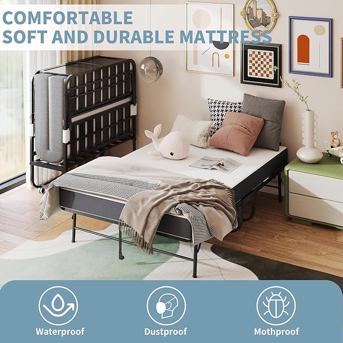 Folding Bed, 74"x46" Portable Beds for Adults, Heavy Duty Sturdy Metal Frame, Foldable Bed on Wheels for Twin Size, Space Saving Rollaway Bed for Guest Easy Storage (Headboard)