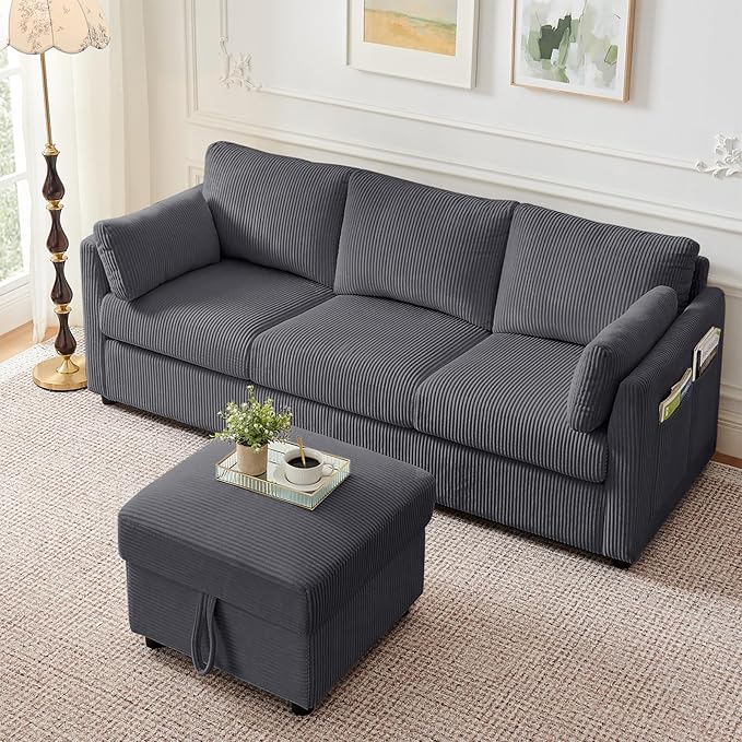 79" L Shaped Couch with Storage Ottoman, 3 Seater Corduroy Sofa with 2 Pillows and Storage Pockets, Convertible Small Couches for Living Room, Apartment, Small Spaces, Home Office, Grey