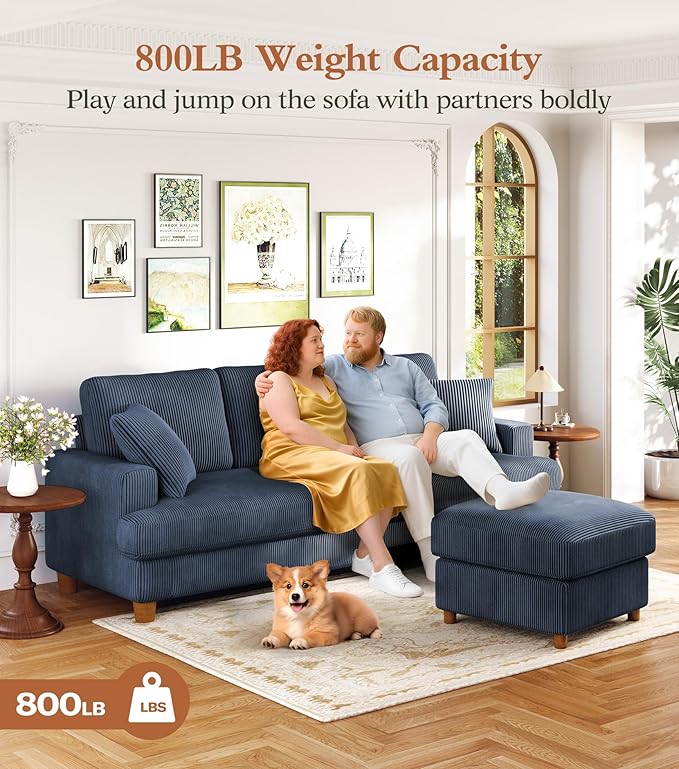 Kidirect 87in L Shaped Couch, Modular Sofa No Tool Assembly, Comfy Sectional Couches for Living Room 21in Deeper Seats, Corduroy Sofas for Living Room with 2 Pillows, Loveseat Sofa Set, Blue Couch | Comfy Corduroy, Oversized 87in Couch, 850LB Tough, To...