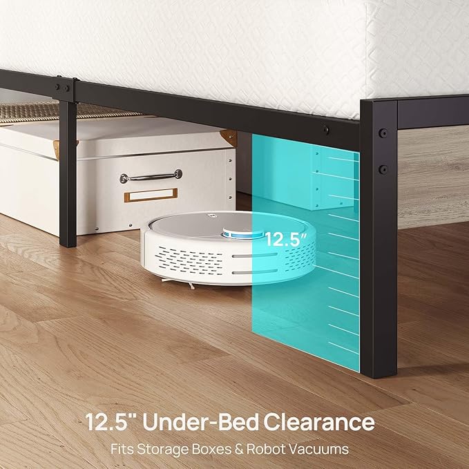 Rolanstar Queen Bed Frame with LED Lights and Charging Station, Wood Storage Headboard and Under Bed Storage, Metal Platform, Noise Free, No Box Spring Needed, Grey