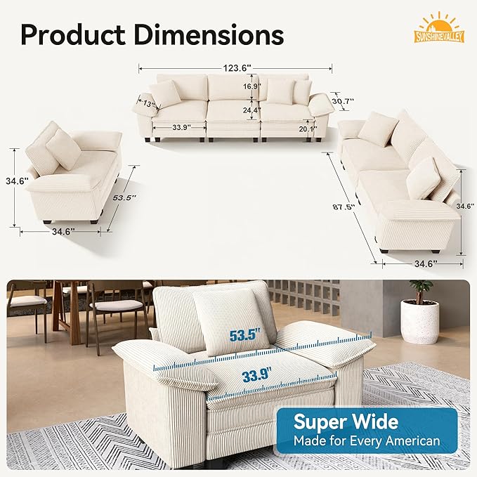 3 Piece Living Room Sofa Furniture Set, Corduroy Modular Loveseat, Cloud Chair, and 3-Seat Couch with Pillow, Oversized 6-Seat Modern Sectional Deep Sofa for Apartment, Beige