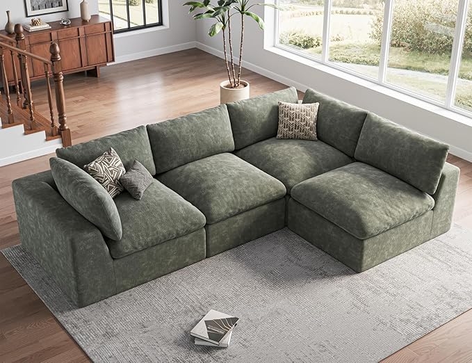 120" Cloud Sectional Couch | Oversize Boneless Couches for Living Room | 4 Seater Modern L-Shape Sofa | Green