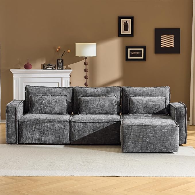 Karl home 110" Cloud Sectional Couches with Moveable Ottoman 3 Seat Boneless Modular Sofa Set L-Shape Convertible Couche with Chenille Upholstery for Living Room, Apartment, Studio, Gray