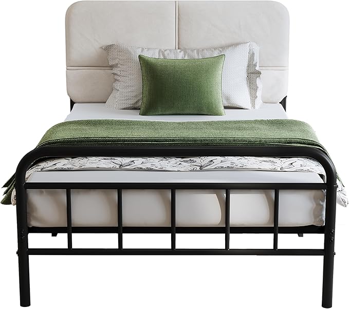 14Inch Metal Bed Frame,Twin Size Bed Frame with Upholstered Headboard,Heavy Duty Sturdy Mattress Foundation,Easy Assembly,No Box Spring Needed,White-Twin
