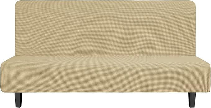 Easy-Going Stretch Futon Slipcover Armless Futon Bed Cover Furniture Protector Without Armrests with Elastic Bottom for Kids, Soft Jacquard Fabric Small Checks (Large, Beige)