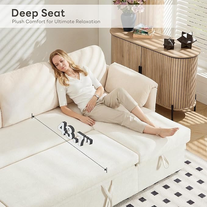 Tbfit 109'' Pull Out Sofa, Sleeper Sofa Bed with USB & 2 Storage Chaises, Comfy Oersized U Shaped Convertible Sectional Sleeper Couches for Living Room, Apartment, Office, White Sherpa