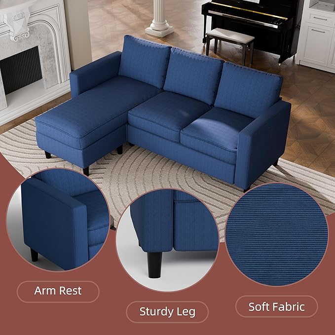 Nuturelly Convertible Sectional Sofa Couch with Movable Ottoman, 3-Seater Modern L-Shaped Sofa for Small Spaces, Soft Fabric Couch for Living Room, Small Apartment & Office(Blue)