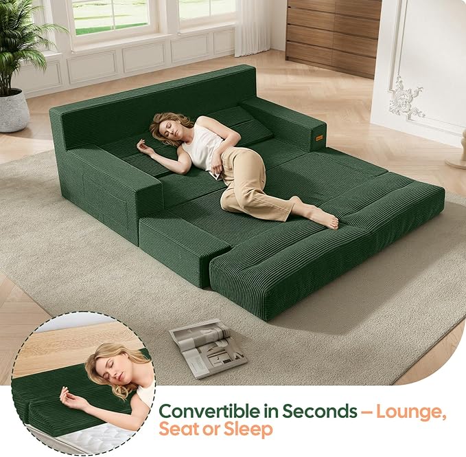 MeMoreCool Boneless Couch Convertible Sofa Bed Queen, Corduroy Futon Couch Sleeper Sofa, Boneless Loveseat Pull Out Couch Bed, Fold Out Floor Sofa for Living Room Bedroom Apartment, Green