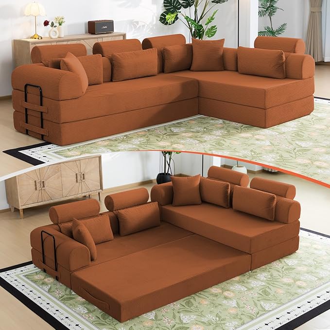 106" L-Shaped Modular Boneless Couch, 2-Piece System (2×70.87"), Convertible Sectional to 141.7" Straight Sofa, Corduroy Couch in a Box, Headrest & Back Pillows for Living Room, Orange