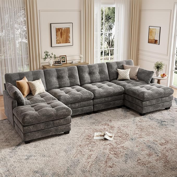 Modular Sectional U Shaped Sofa Couches for Living Room, Cloud Couch with Movable Ottoman, Comfy Chenille Sofa with Pillow for Bedroom and Apartment,Dark Gray-Tufted