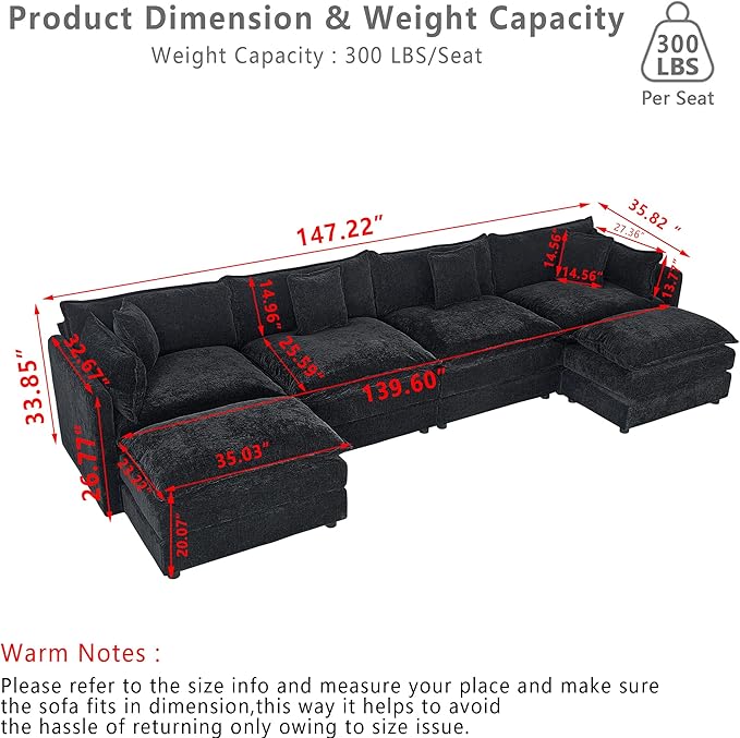 Setawix Deep 4 Seater Couch with Ottomans,147.22" U-Shaped Cloud Couches for Living Room,Chenille Cloud Sofa Couch with Foorest,Modular Sectional U Shape 4 Seat Sofa for Bedroom (Black, 4+2)