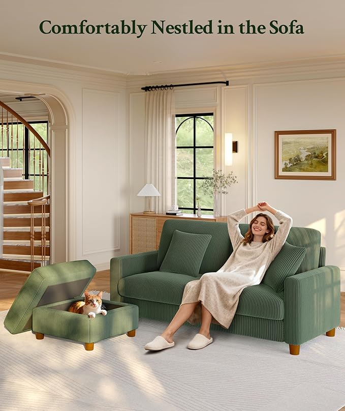 70.2" Couches for Living Room, Comfy Green Couch 7.1" Extra Thick Cushion, Sofas for Living Room Tool-Free Setup, Loveseat Sofa 705lbs Support, Corduroy Couch for Bedroom, Apartment, Office