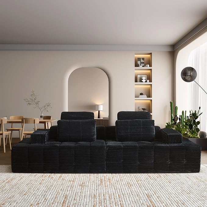 Modular Sectional Sofa with Movable Handrails, Straight-Row Boneless Sofa Sectional Couch for Living Room, Deep Seat Memory Foam Faux Rabbit Fur Fabric Sofa, No Assembly Required(Black)