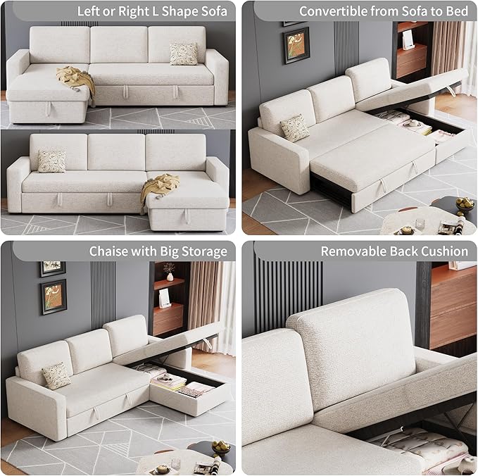 81.5" Convertible L Shaped Sleeper Sofa, 3-Seat Pull Out Sectional Couch with Storage Chaise & Removable Cushions, Chenille Fabric for Small Living Room Apartment, Beige