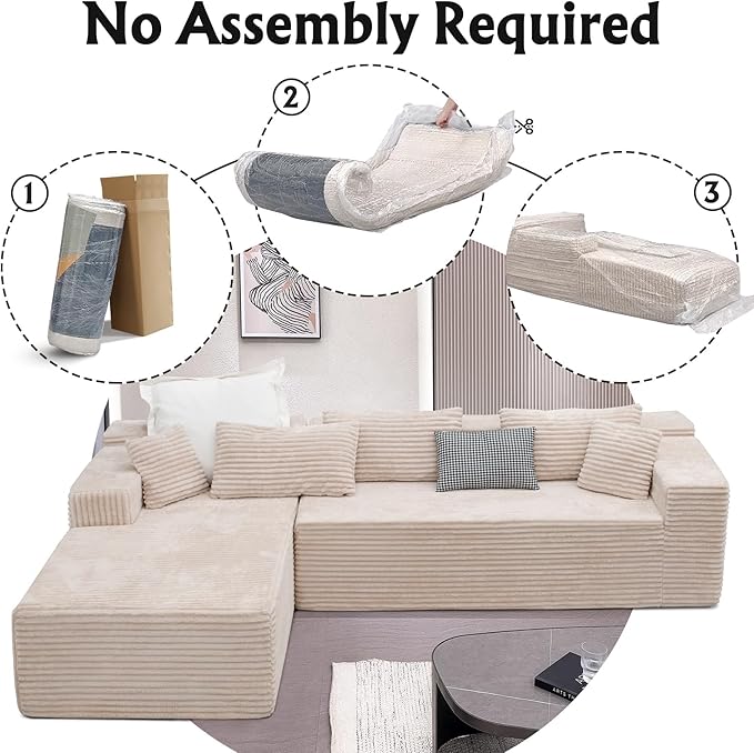 Boneless Modular Sectional Sofa, Cloud Couch with Left Facing Chaise, Oversized Deep Seat, L-Shaped, Soft Corduroy Fabric, Sectional Couch for Living Room -White