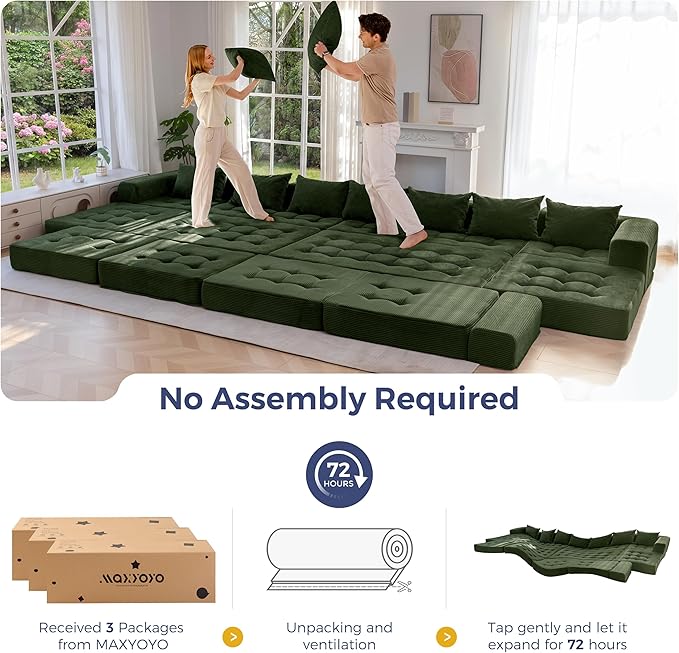 MAXYOYO Modular Sectional Sofa Couch, Foldable Oversized U Shaped Cloud Couch with Pillows, Tufted Boneless Sleeper Lounger Floor Sofa Bed for Living Room, No Assembly Required, Dark Green