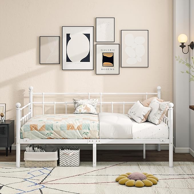 BOFENG Metal Daybed Frame Twin Size Platform Sofa Bed Day Bed with Strong Steel Slats Mattress Foundation Bedroom Furniture,Noise Free,White