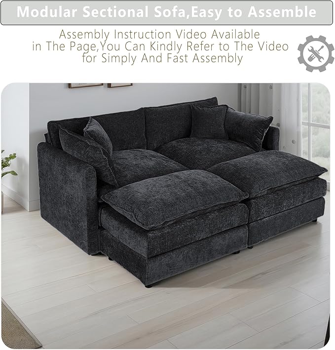Setawix Deep Loveseat Couch with Ottomans,Large 2 Seater Lounger Cloud Couches for Living Room,77.16" Chenille Cloud Sofas with Deep Seat,Modular Sectional Sleeper Sofa for Bedroom (Black, 2+2)
