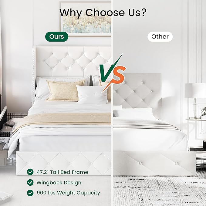 LARMACE Queen Size Bed Frame with 4 Storage Drawers and 47.2" Tall Wingback Headboard Velvet Upholstered Platform Bed Frame Tufted Beds with Wooden Slats Support, Easy Assembly, White