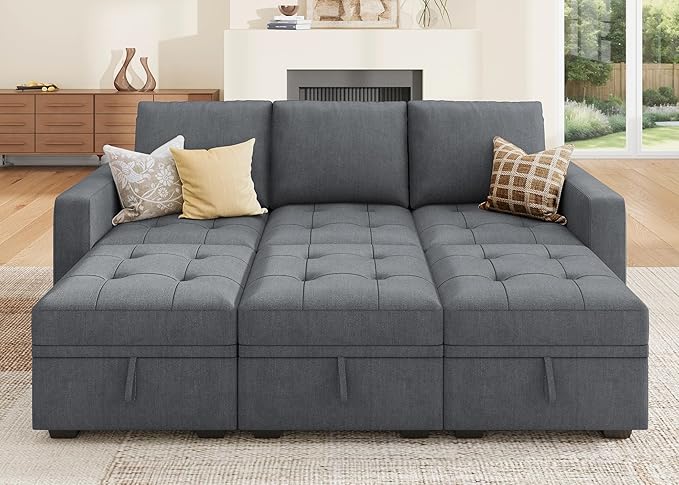 HONBAY Modular Sectional Couch Sleeper Sofa Bed with Storage Seats Oversized Sectional Couches for Living Room,Bluish Grey