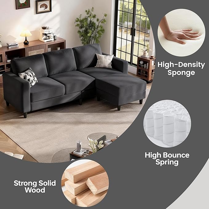 73" Sectional Sofa Couch for Living Room, Dark Grey Convertible L Shaped Sofa with Reversible Ottoman, 8" Extra Thick High-Density Cushions, Modern Linen Fabric 3 Seater Sofa for Small Space | 8" Extra Cushions