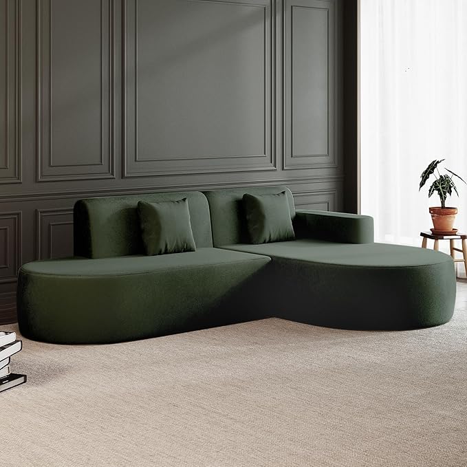 MELLCOM Modern Curved Boneless Sofa Couch, L-Shaped Corner Sofa, No Assembly Needed, Chenille Upholstered Cloud Sectional Couch for Living Room, Bedroom and Apartment (Green, Right Hand Facing)